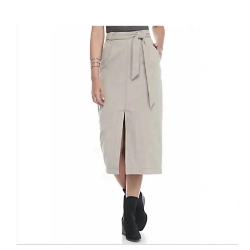 Free People Womens Sz 2 Linen Cotton Midi Skirt Mushroom Belted Front Slit Boho